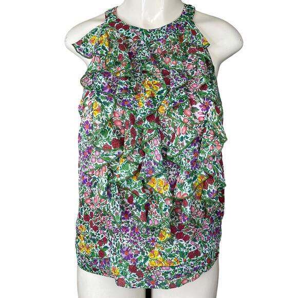 Eci Floral Ruffle Front High Neck Tank Top Cut Out Back Size 6 - Picture 1 of 9